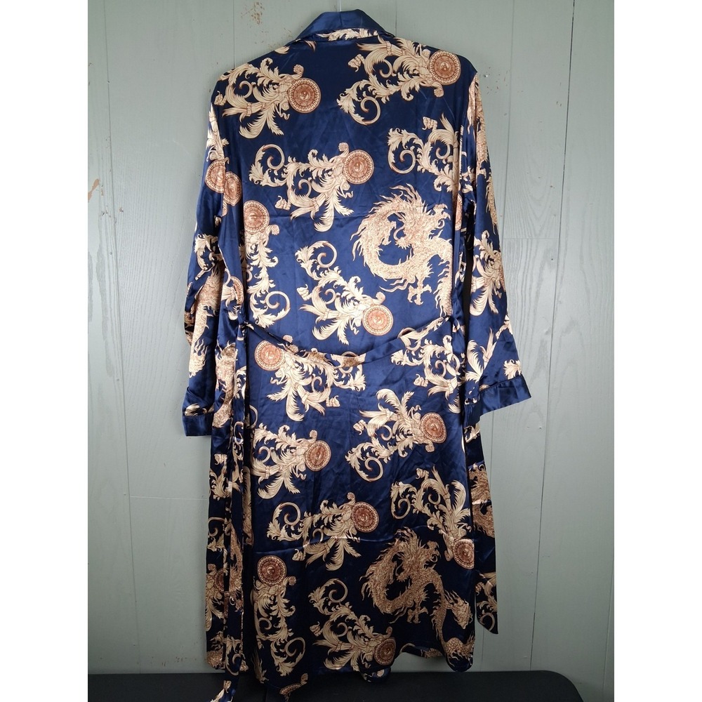Satin Robe Blue & Gold Baroque Print Belted Pockets Mens Large Dressing Gown - Picture 2 of 10